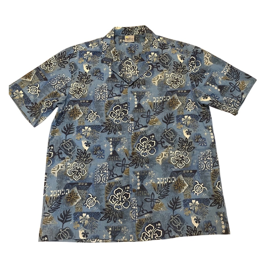 Royal Creations Hawaiian Shirt Blue‎ Tiki Patchwork XL Cabana Camp Collar EUC